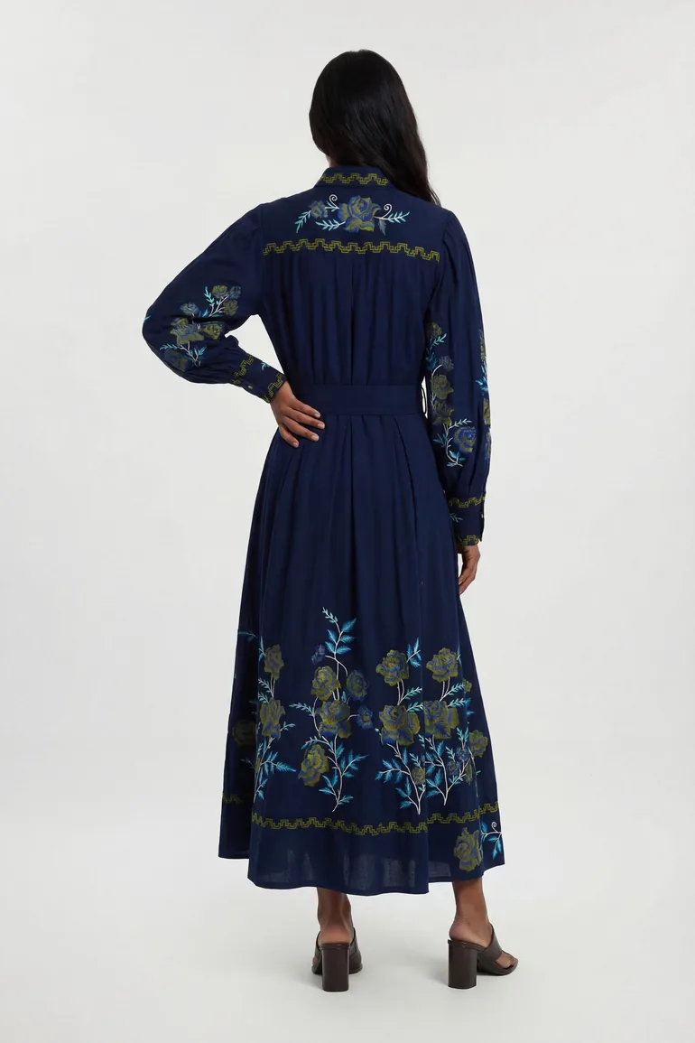 Rose Embroidered Cotton Twill Woven Shirt Dress With Eyelets - 3