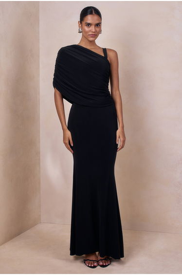 Sylvie | Black Asymmetric-Neck Maxi Dress