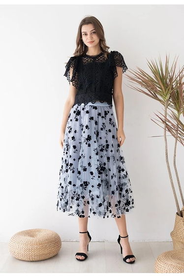 3D Posy Double-Layered Mesh Midi Skirt in Dusty Blue