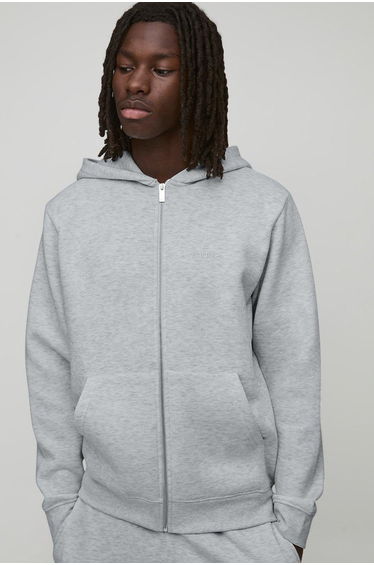 Basic Man. Regular Fit Zip Through Hoodie - grey marl