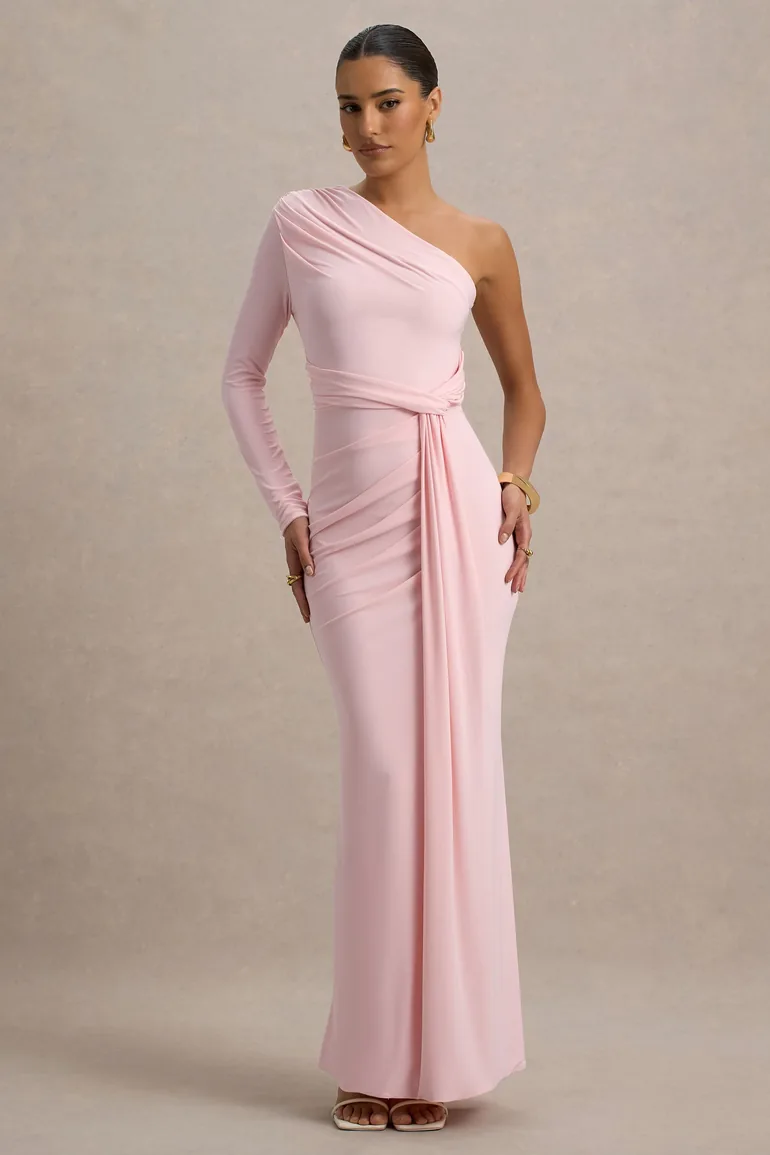 Sanya | Blush Pink Asymmetric One Sleeve Wrap Maxi Dress with Drape Club L  London : Premium Dresses : VogaCloset Qatar