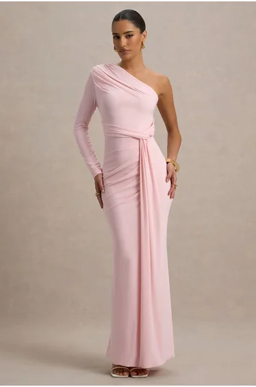 Sanya | Blush Pink Asymmetric One Sleeve Wrap Maxi Dress with Drape