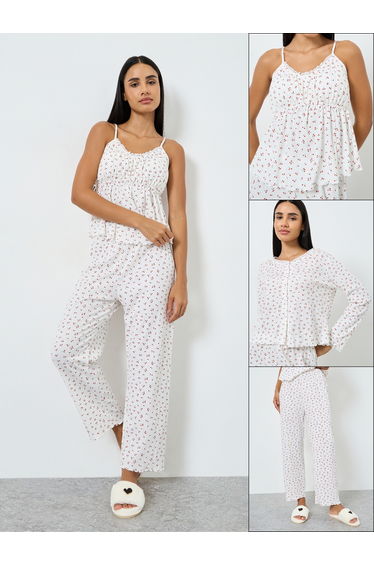 Pack of 3 - Cherry Print Bust Gather Cami, Shirt and Pyjama