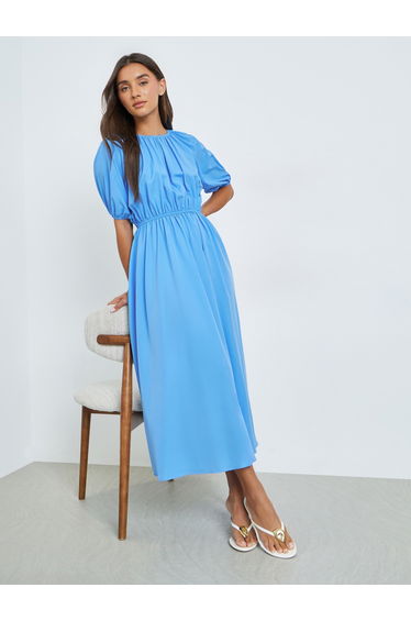 Blue Solid Midaxi Dress with Short Sleeves