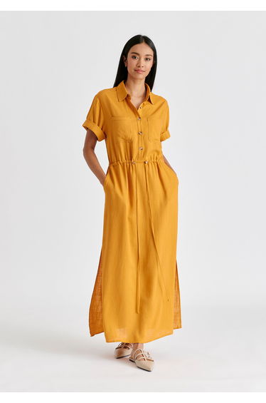 Linen Blend Shirt Dress with Stitch Details