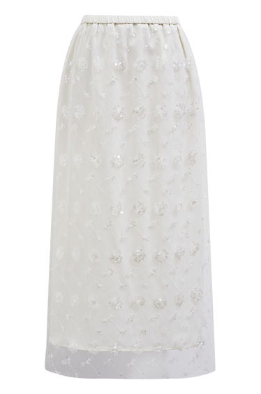 Sequined Dandelion Mesh Midi Skirt in Ivory