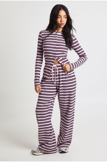 Stripe Rib Button Through Long Sleeve Top - pink