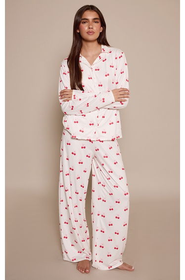 Cream Heart Cherry Print Long Sleeve Button Through Pj Set