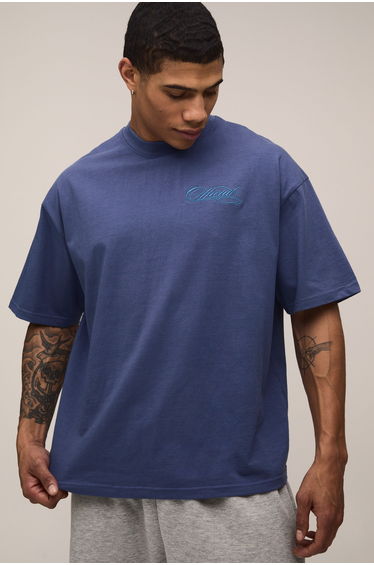 Oversized Official Embroidered Heavyweight Extended Neck T-shirt - indigo
