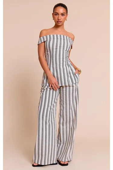 Natural Textured Stripe Tailored Wide Leg Trousers