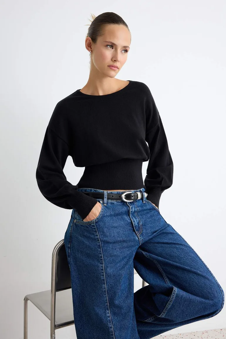 Wardrobe Essentials Black Waist-Situated Bluzan Soft Knitwear Sweater