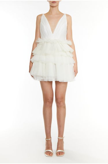 Gia White Plunge Front Tiered Mini Dress