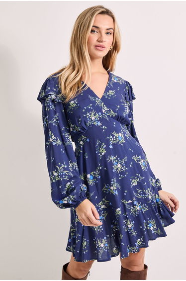 Frill Detail Blouson Sleeve Tie Back Tiered Printed Mini Dress