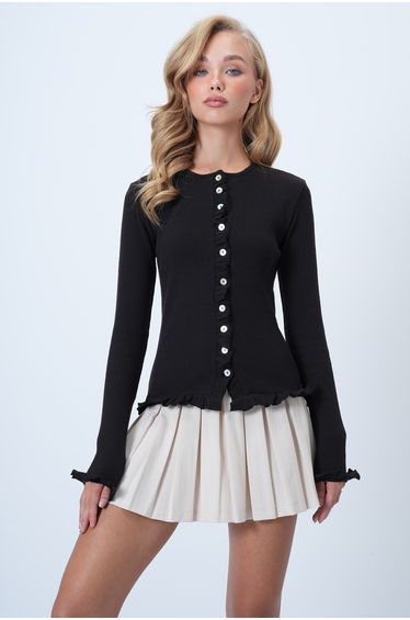 Women's Black Crew Neck Ruffle Detailed Front Buttoned Knitted