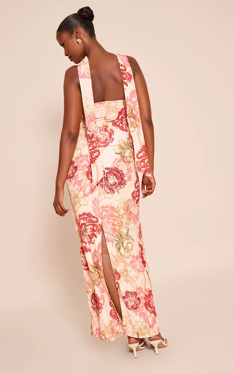 Multi Floral Print Bandeau Scarf Detail Chiffon Maxi Dress - 1