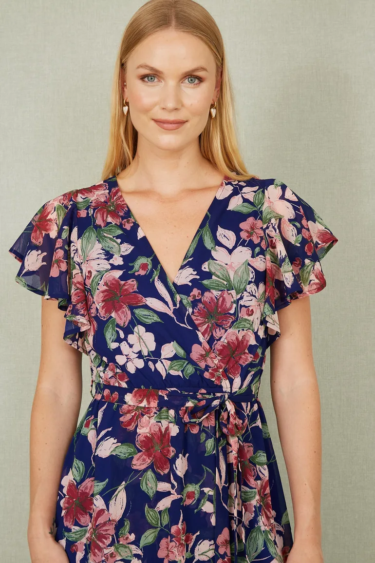 Yumi Blue Floral Wrap Midi Dress With Frill Hem - 1