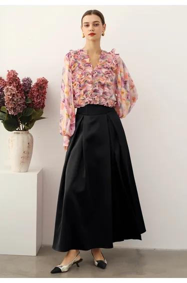 High-Slit Seamed Waist Pleated Satin Maxi Skirt in Black