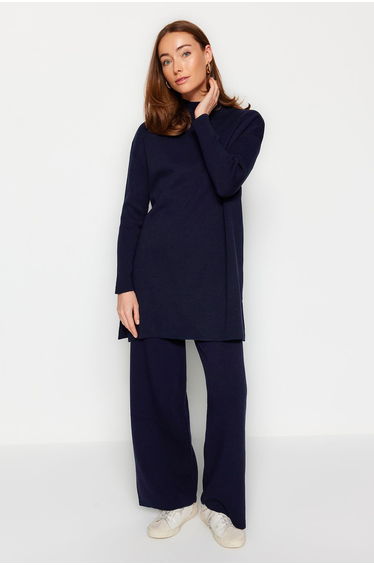Navy Blue Slit Wide Leg Sweater Top-Top Set