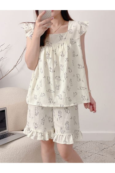 Off White Bunny Print Ruffle Top and Shorts Set