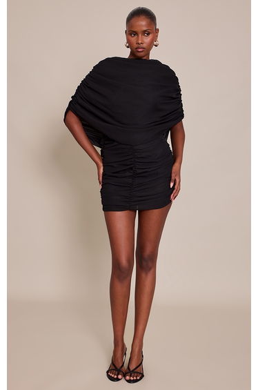 Black Chiffon Overlay Detail Ruched Mini Dress