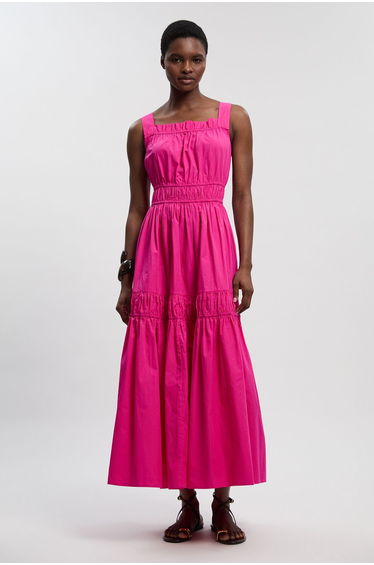 Shirred Cotton Tiered Woven Strappy Maxi Dress