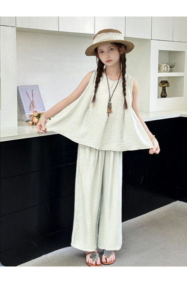 Girls Solid Sleeveless Top and Wide Leg Pants Set