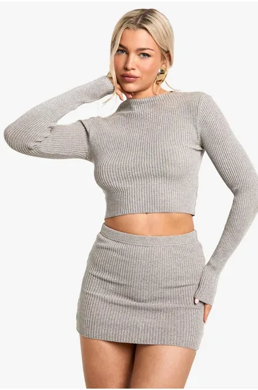 Metallic Mix Rib Knitted High Neck Top - mocha