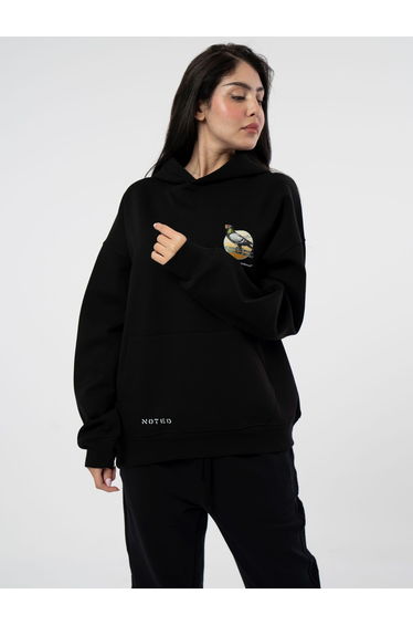 Black Printed Oversized Hoodie