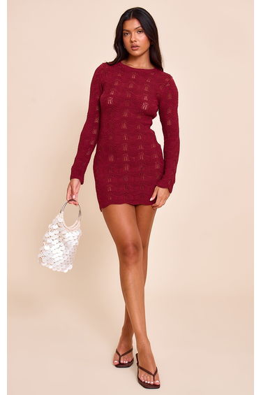 Wine Long Sleeve Backless Mini Dress