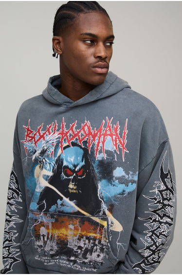 Charcoal Oversized Premium BHM Gothic Acid Wash Printed Hoodie - mid grey