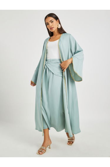 Solid Bell Sleeve Open Front Abaya and Twisted Waist Skirt Set