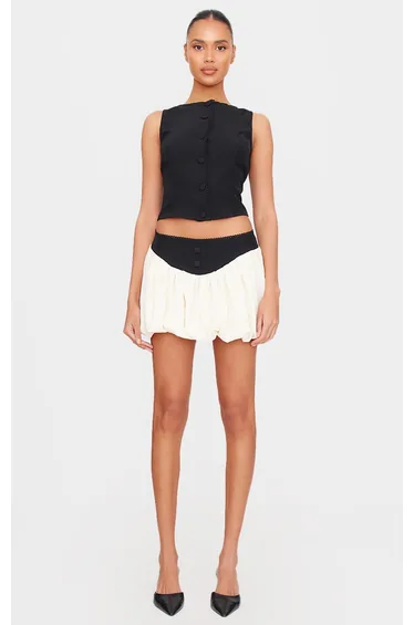 Black Woven Tailored Trim Detail Puff Ball Skirt