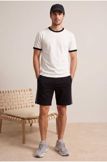 Black Regular Fit Knitted Shorts with Side Piping & Bermuda