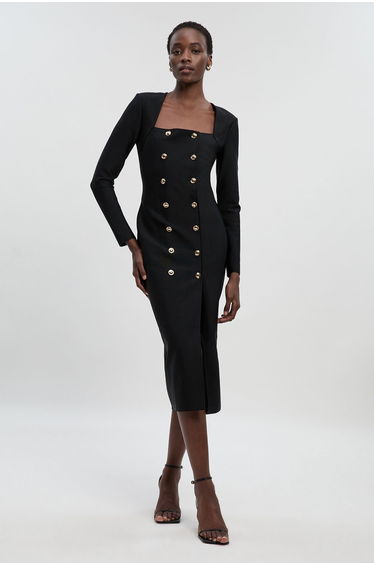 Figure Form Woven Mix Military Button Blazer Knit Midi Dress