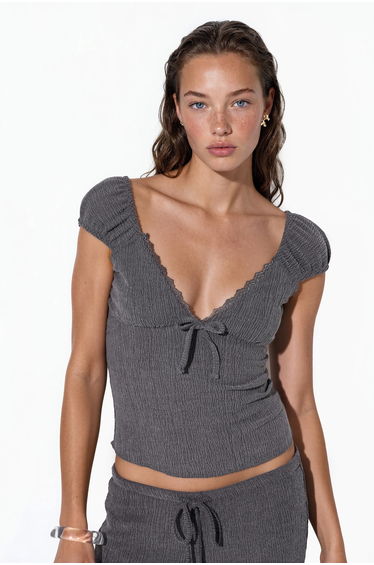 BUSEM Fitted Ribbed Crop Blouse With Tie Detail