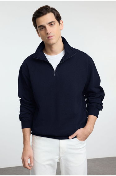 Navy Blue Oversize/Wide Cut Stand Collar Sweatshirt with Labeled Fleece Inside