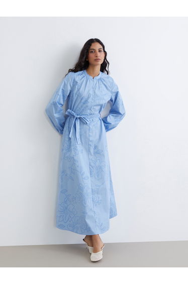 Embroidered Poplin Dress with a Mandarin Collar