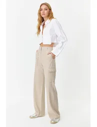 Mink Cargo Wide Leg Contrast Stitch Detail Woven Trousers - 1