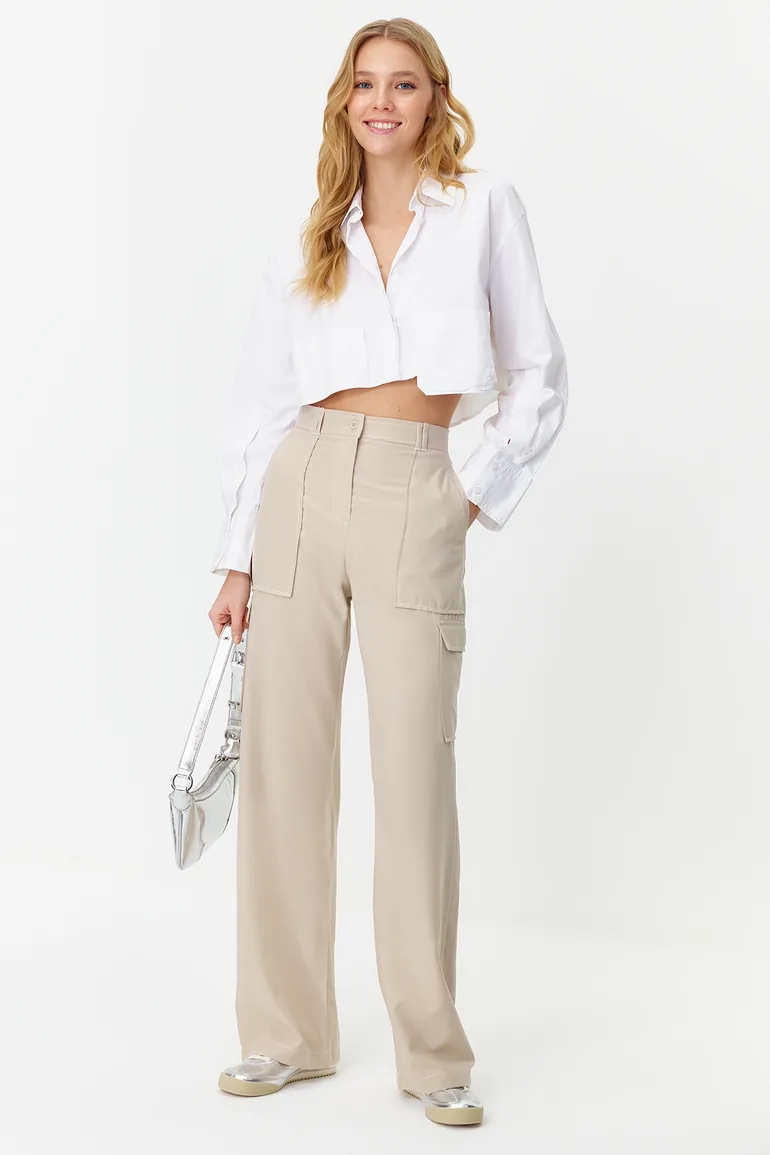 Mink Cargo Wide Leg Contrast Stitch Detail Woven Trousers