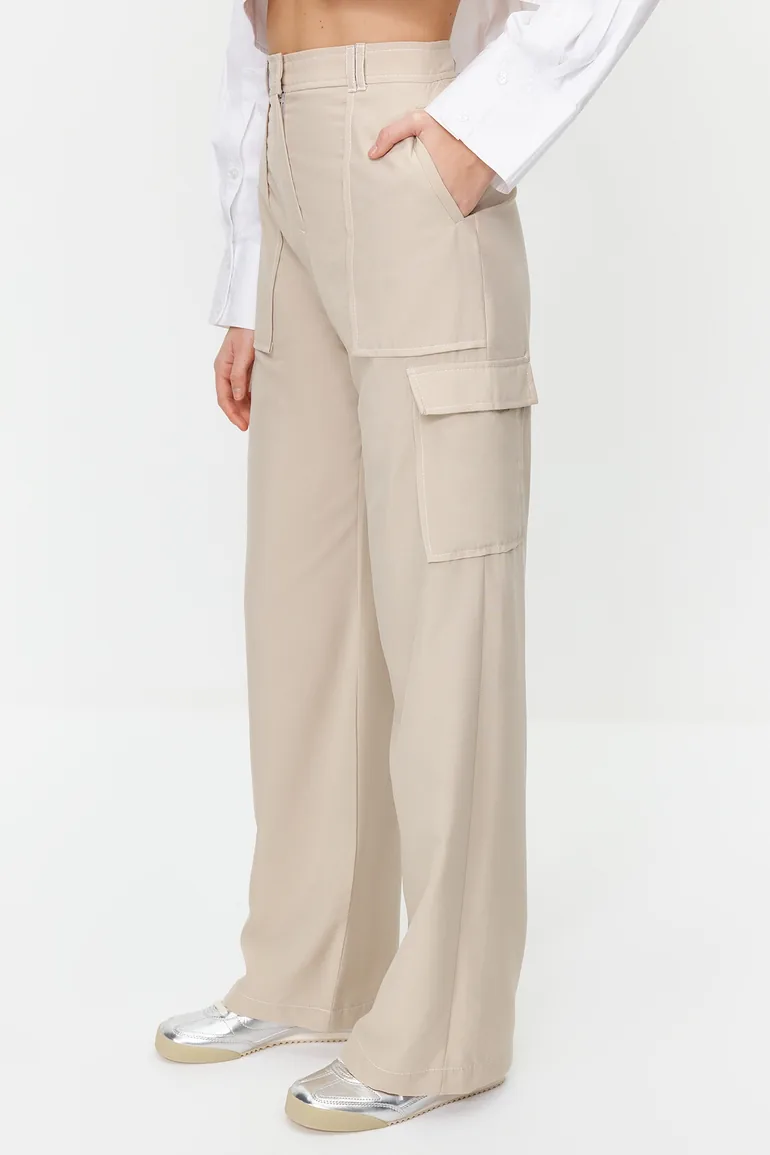 Mink Cargo Wide Leg Contrast Stitch Detail Woven Trousers - 6