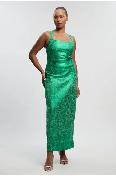 Plus Size Foil Metallic Figure Form Strappy Knit Maxi Dress