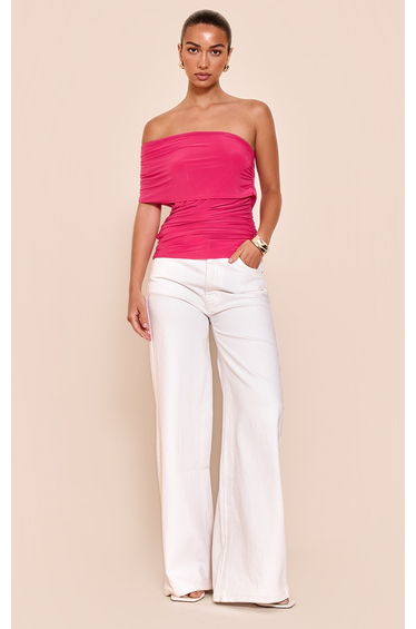 Fuschia Double Layer Slinky Overlay One Shoulder Top