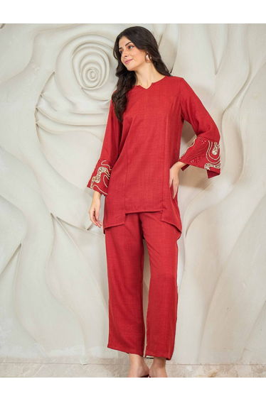 Rust Embroidered Tunic with Trousers Co-Ords