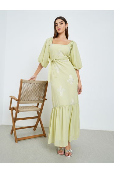 Women Green Embellished Puff Sleeve Maxi Dress