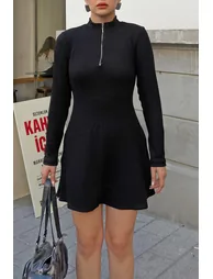 Black Half Zipper Flared Skirt Women's Mini Dress - 3