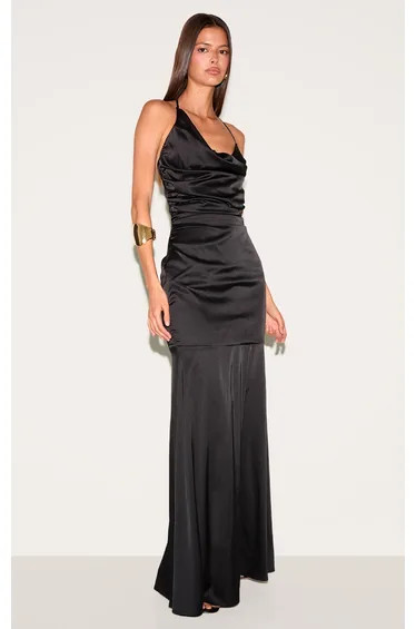 Black Satin Asymetric Drape Maxi Dress