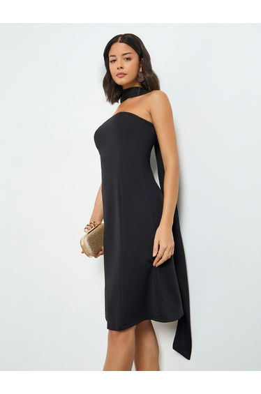 Black Bandeau Knee Length Dress with Neck Scarf