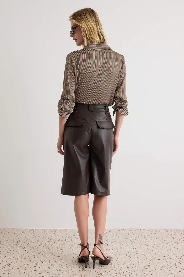 Brown Straight Leg Capri Faux Leather Knitted Shorts & Bermuda - 3