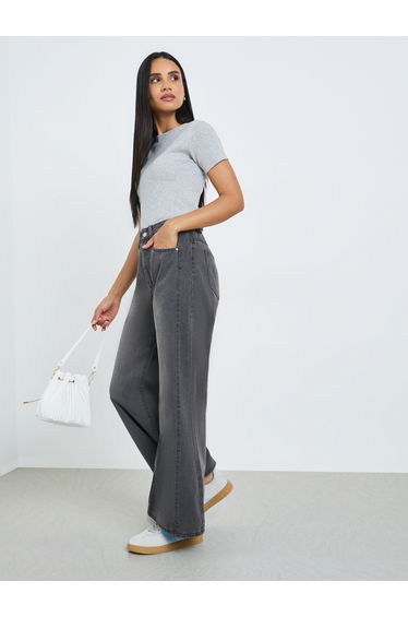 High Rise Cut and Sew Wide Leg Jeans
