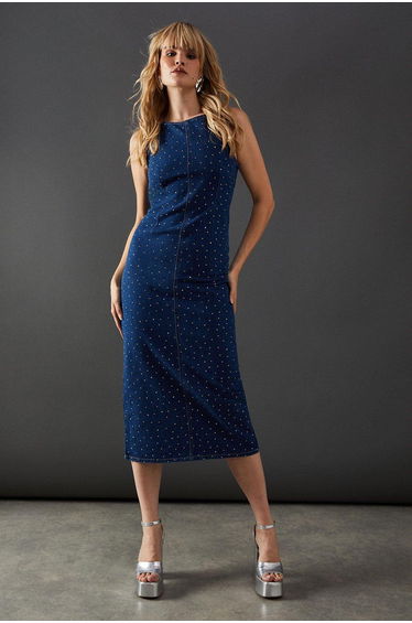 Denim All Over Hot Fix Sleeveless Fitted Midaxi Dress
